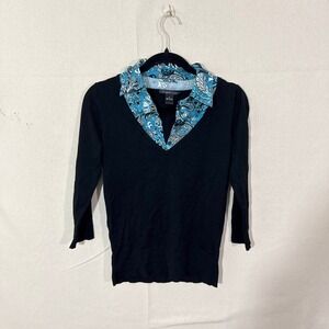 August Silk Womens Black V-Neck Sweater Paisley Collar Layered Silk Blend Small